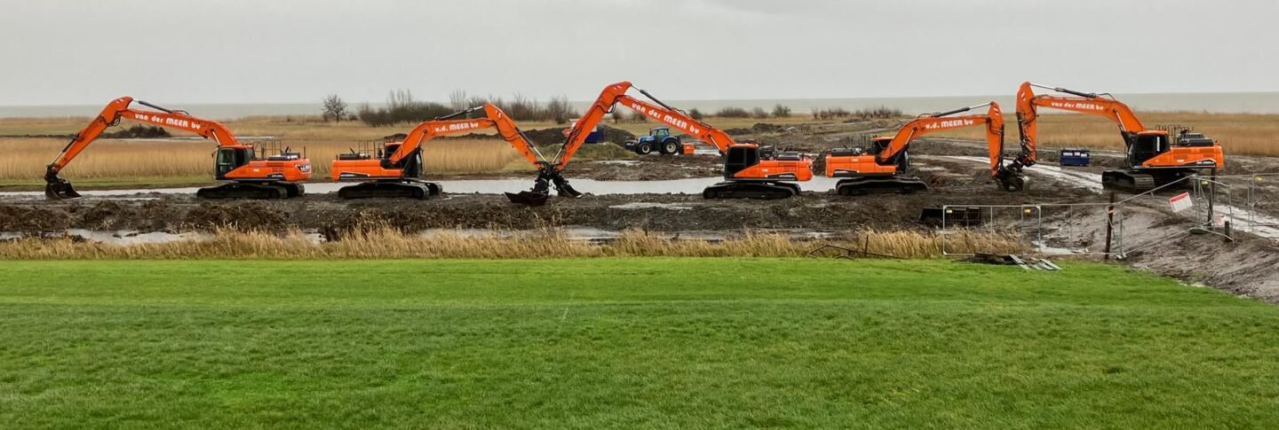 Rij van kranen met op voorgrond grasveld